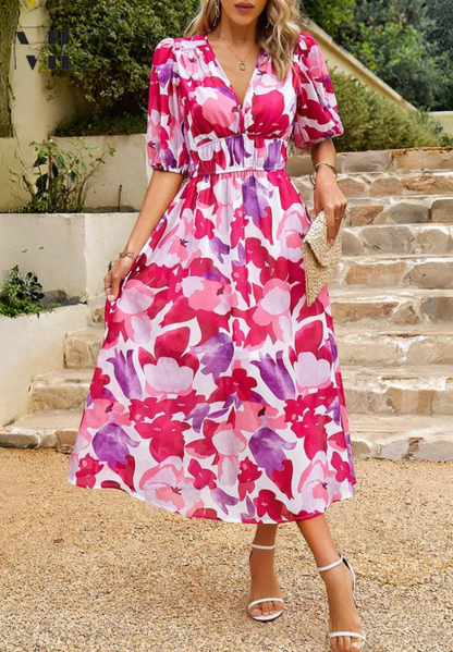 Ladies' Pretty Garden Midi Dress with Ruffled Sleeves