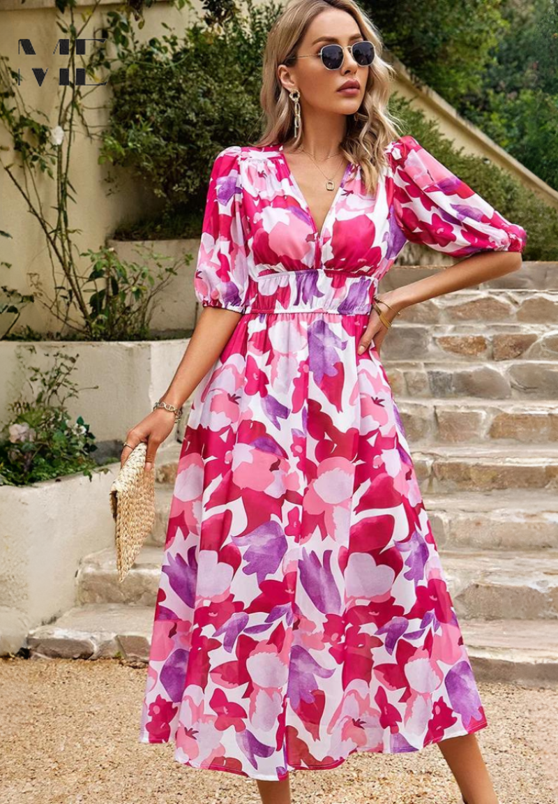 Ladies' Pretty Garden Midi Dress with Ruffled Sleeves