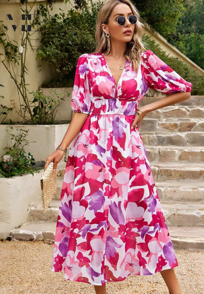 Ladies Floral V Neck Midi Dress with Puffy Sleeves