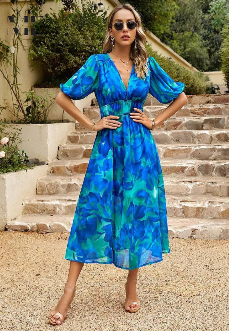 Ladies Floral V Neck Midi Dress with Puffy Sleeves