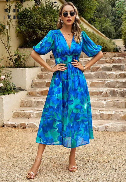 Ladies Floral V Neck Midi Dress with Puffy Sleeves