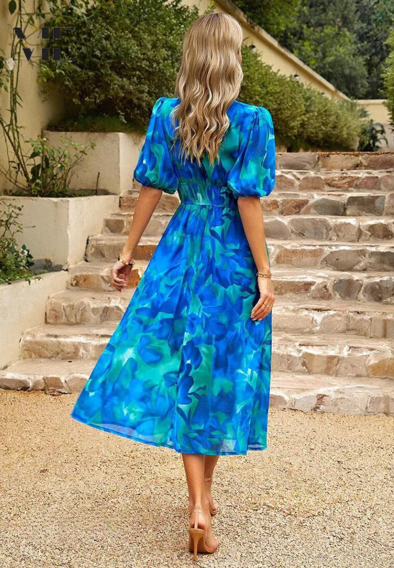 Ladies Floral V Neck Midi Dress with Puffy Sleeves