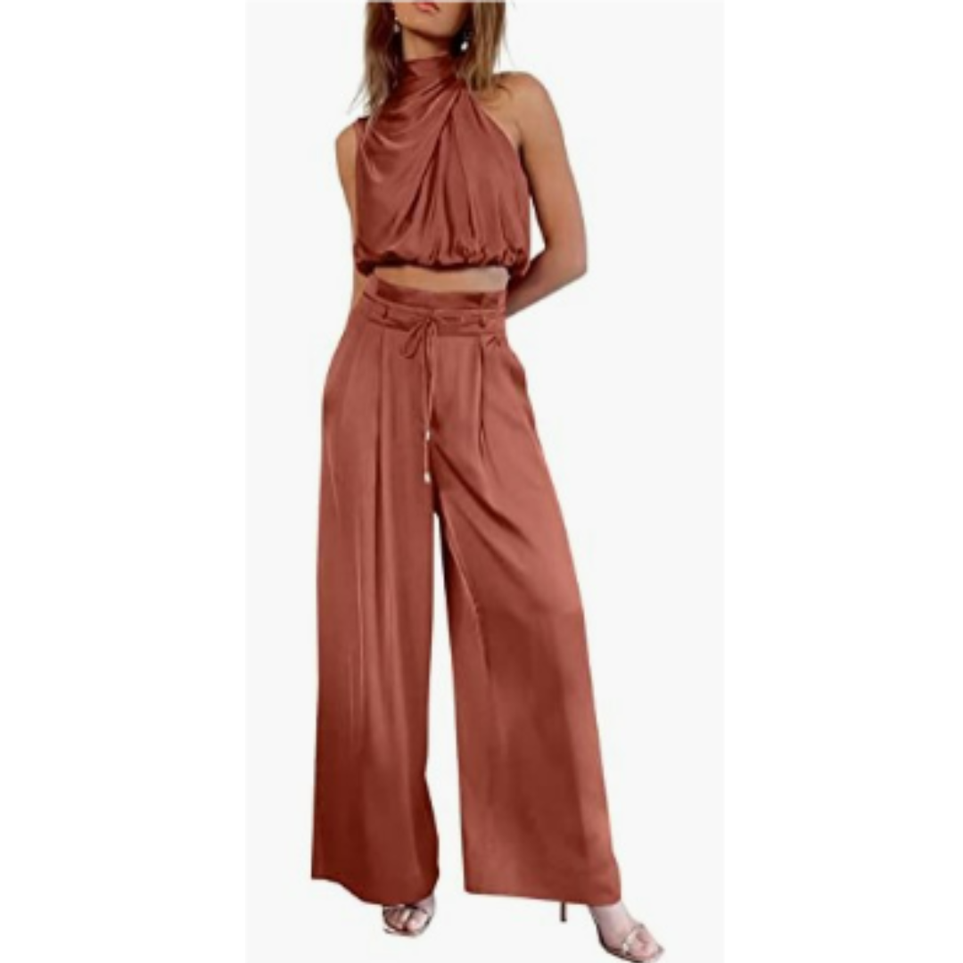 Luxurious Satin Twist Top and Wide Leg Pants Set