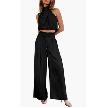Luxurious Satin Twist Top and Wide Leg Pants Set