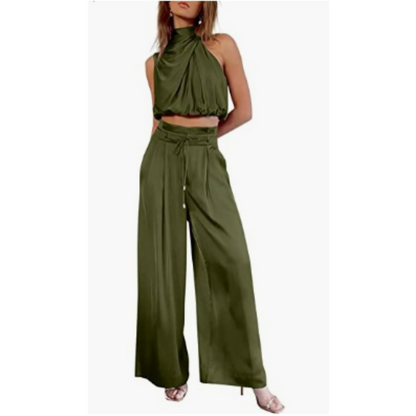 Luxurious Satin Twist Top and Wide Leg Pants Set