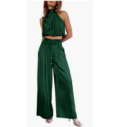 Luxurious Satin Twist Top and Wide Leg Pants Set