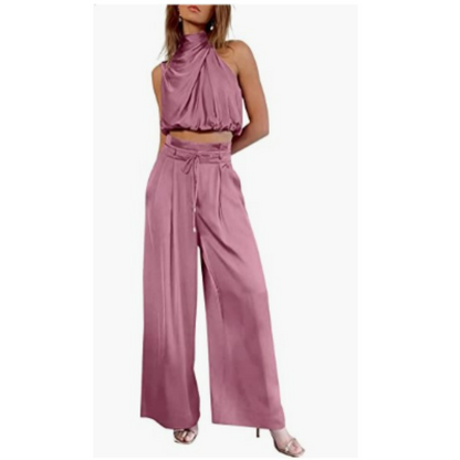 Luxurious Satin Twist Top and Wide Leg Pants Set