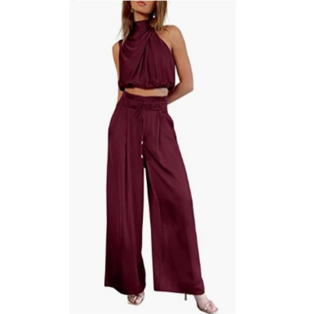 Luxurious Satin Twist Top and Wide Leg Pants Set