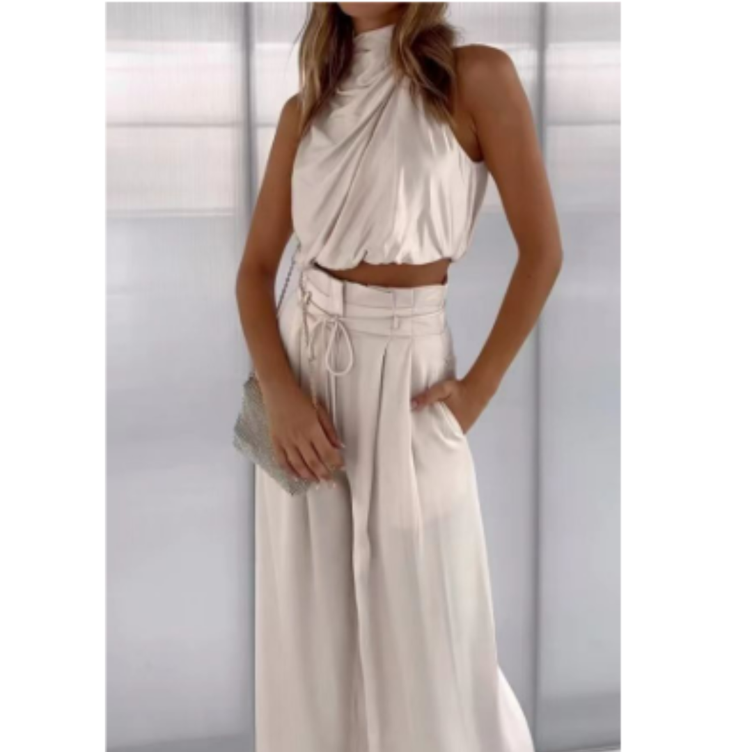 Luxurious Satin Twist Top and Wide Leg Pants Set - Nocini