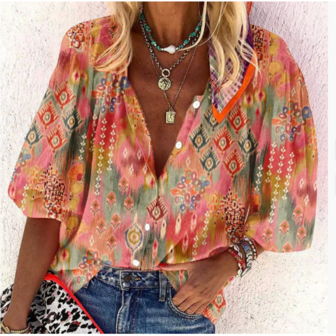 Comfortable V Neck Short Sleeve Women's Blouse - Nocini