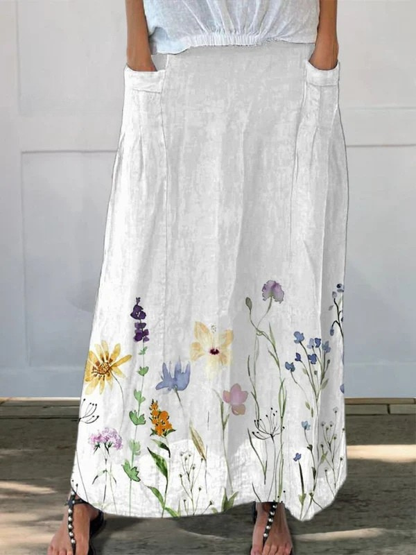 Colorful Floral Elastic Waist Skirt with Pockets - Olytrend