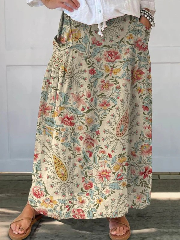 Retro Floral Print Flowy Pocket Skirt - Olytrend