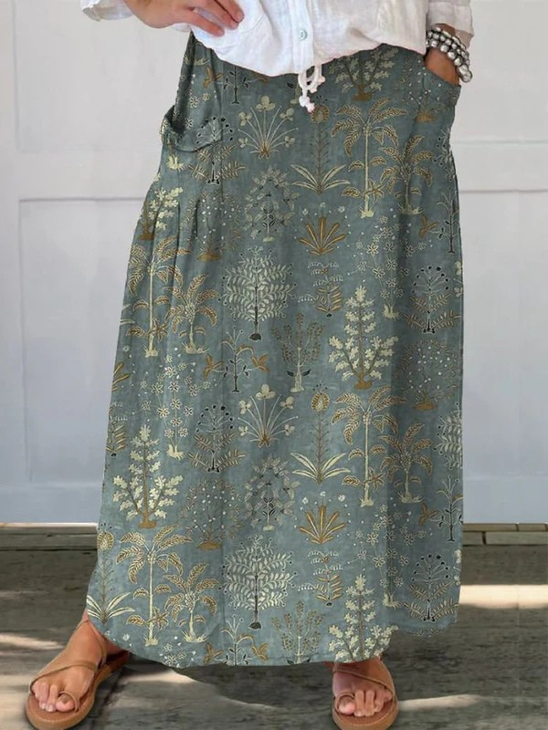 Floral Print Skirt with Elastic Waist and Pockets - Olytrend