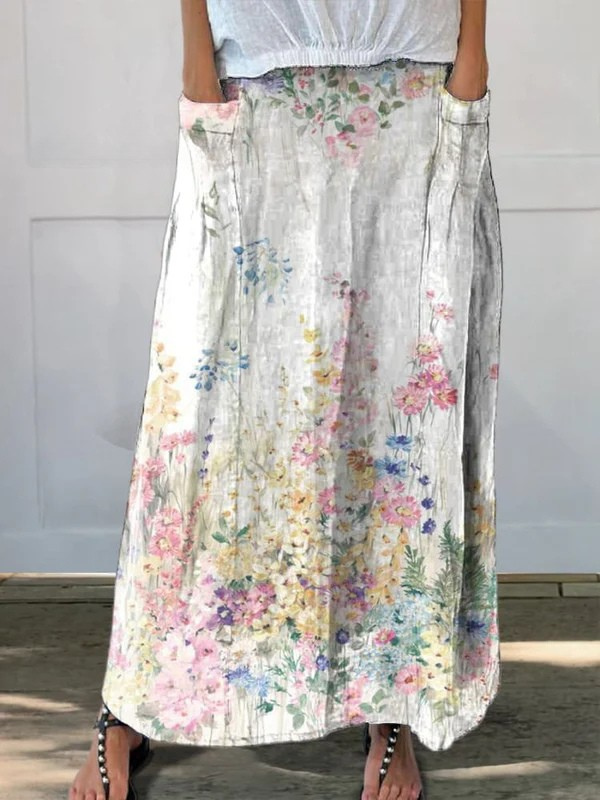 Classic Floral Midi Skirt with Pockets - Olytrend