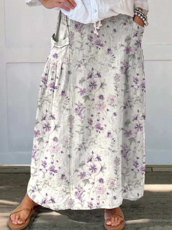 Floral Print Skirt with Pockets and Stretchy Waistband - Olytrend