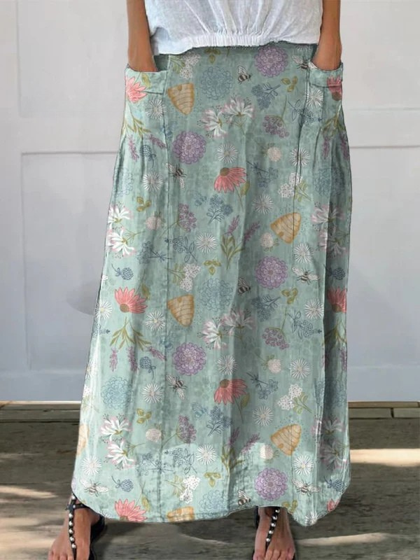 Colorful Floral Print Skirt with Pocket - Olytrend