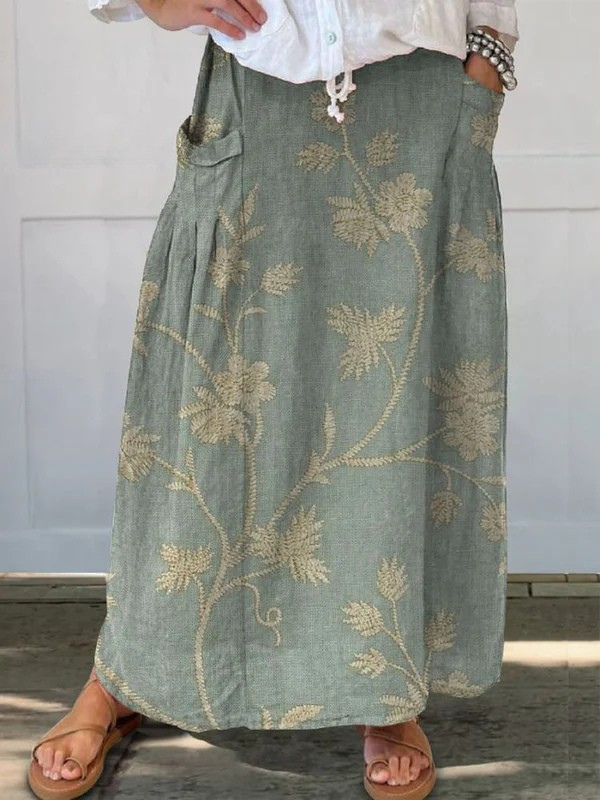 Vintage Floral Print Skirt with Elastic Waist and Pockets - Olytrend