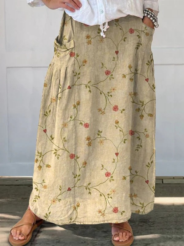 Vintage Floral Print Skirt with Elastic Waist and Pockets - Olytrend