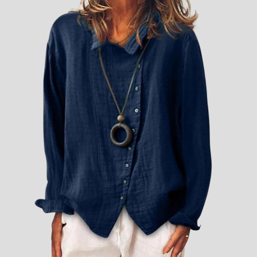 Ladies Navy Classic Long Sleeve Button Shirt - Olytrend