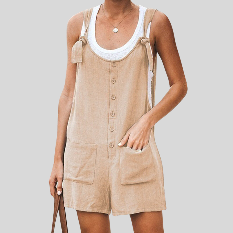 Women's Sleeveless Jumpsuit with Wide Straps and Pockets