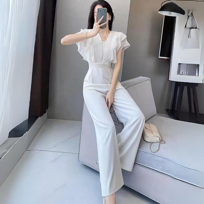 Flattering V-Neck Jumpsuit with Flowy Wide Leg Pants - Nocini