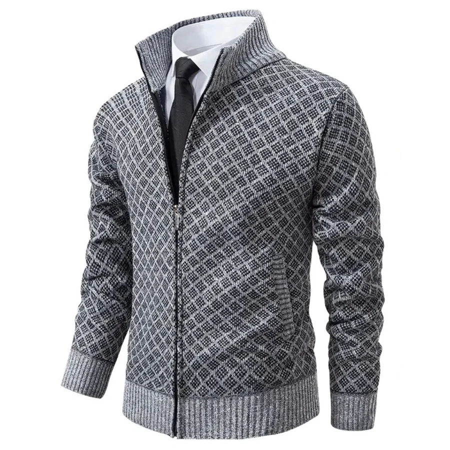 Men's Textured Zip Cardigan with Crew Neck and Ribbed Cuffs