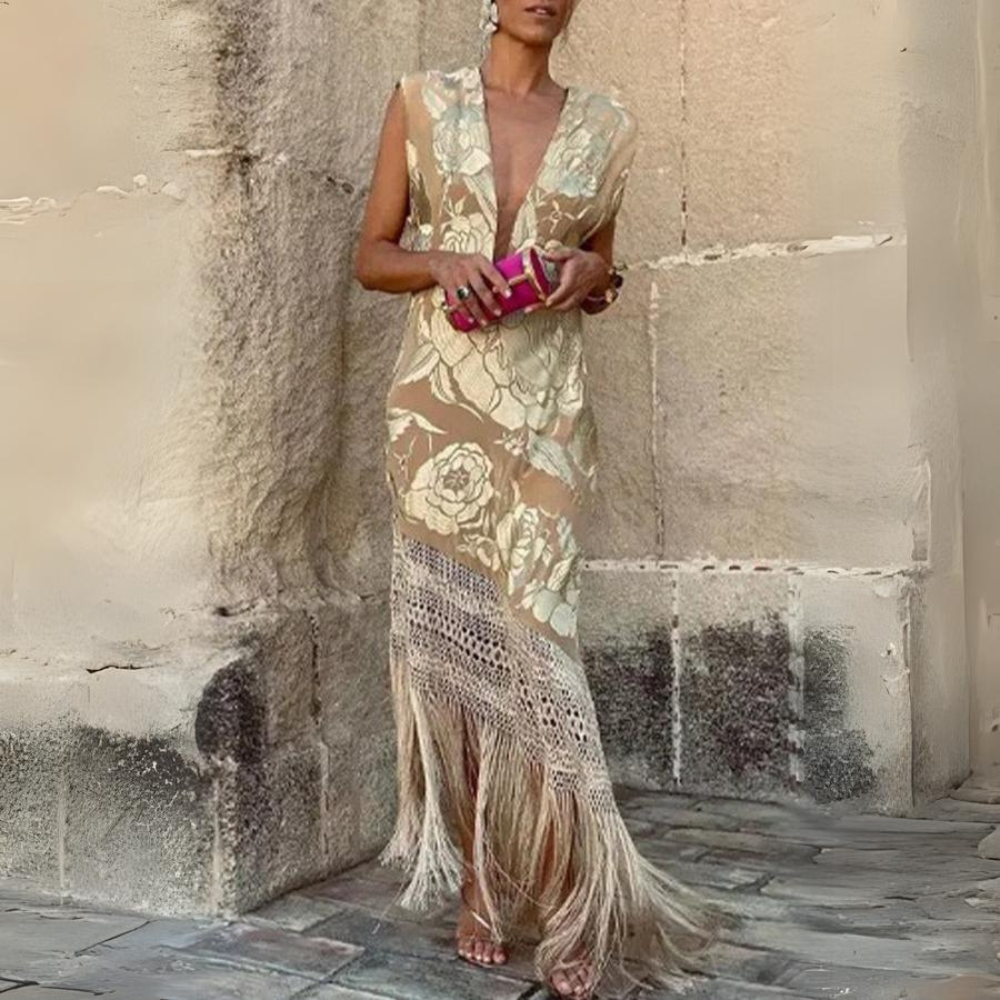 Summer Floral V-Neck Lace Dress - Nocini
