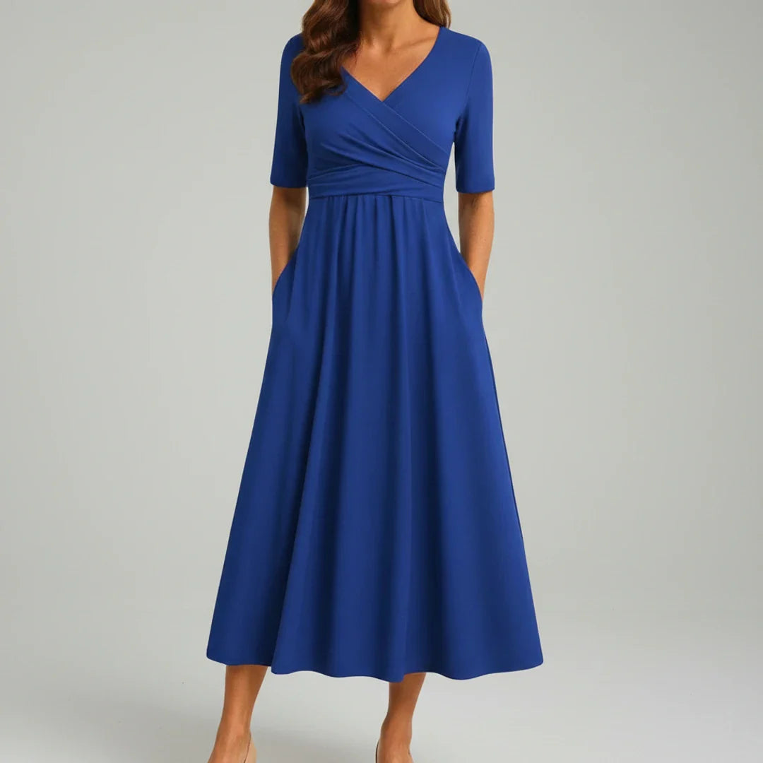 Flattering V Neck Mid Length Dress for Ladies