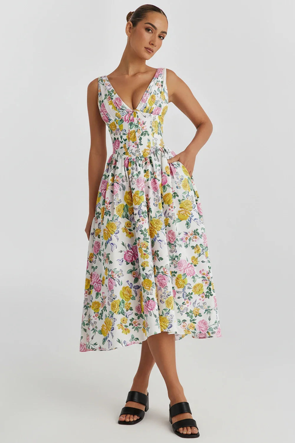 Flattering V Neck Knee Length Lady Dress - Olytrend