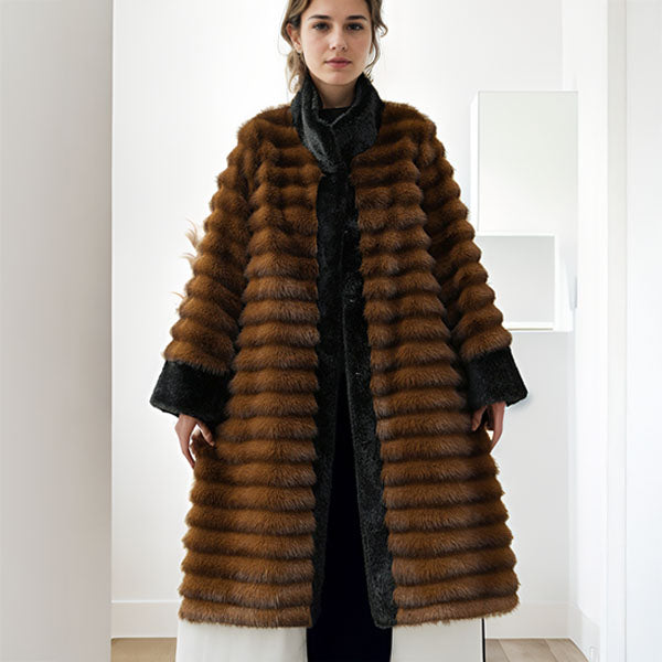 Casual Fit Coat with Faux Fur Trim and Stand Collar - Nocini