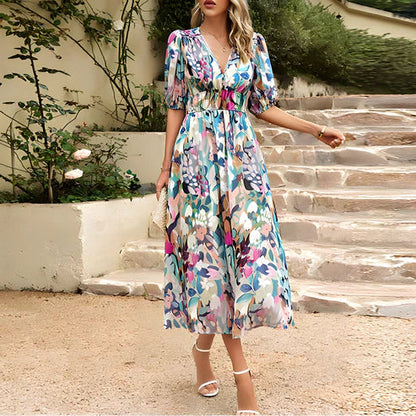 Feminine Floral V-Neck Fit Dress