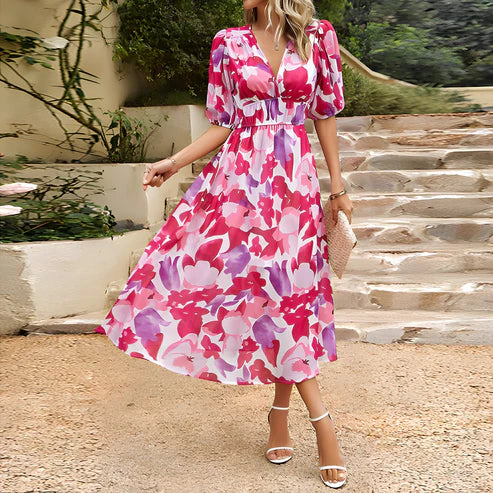 Feminine Floral V-Neck Fit Dress