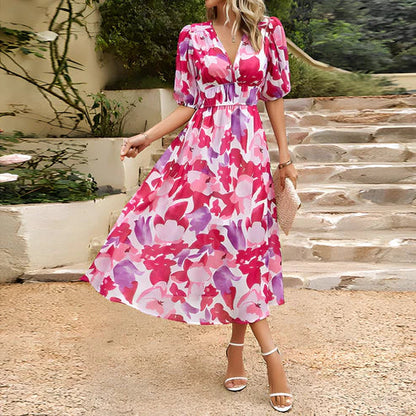 Feminine Floral V-Neck Fit Dress