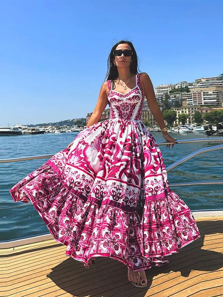 Ladies Flowy Maxi Dress with High Waist and Floral Print