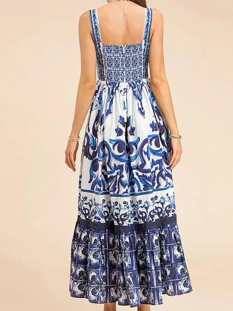 Ladies Flowy Maxi Dress with High Waist and Floral Print - Nocini