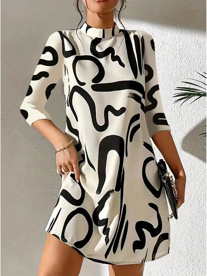 Trendy Abstract Print Crew Neck Dress for Women