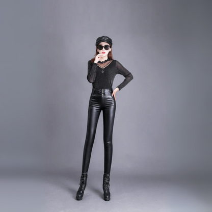 Fashionable High Waist Faux Leather Pants - Olytrend
