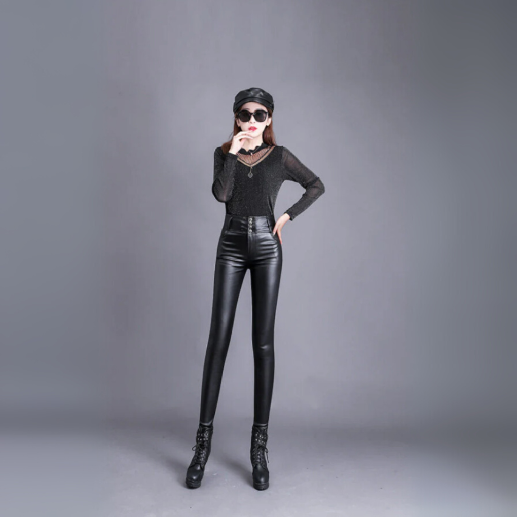 Ladies Fashion High Waist Faux Leather Trousers - Olytrend