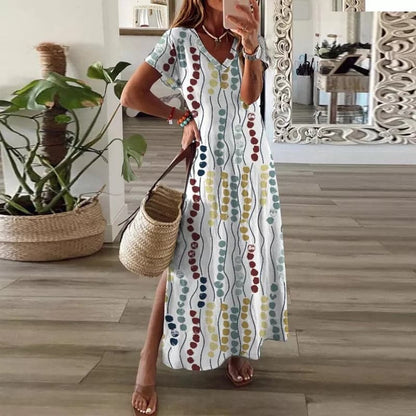 Vibrant Maxi Dress with Deep V Neckline - Nocini