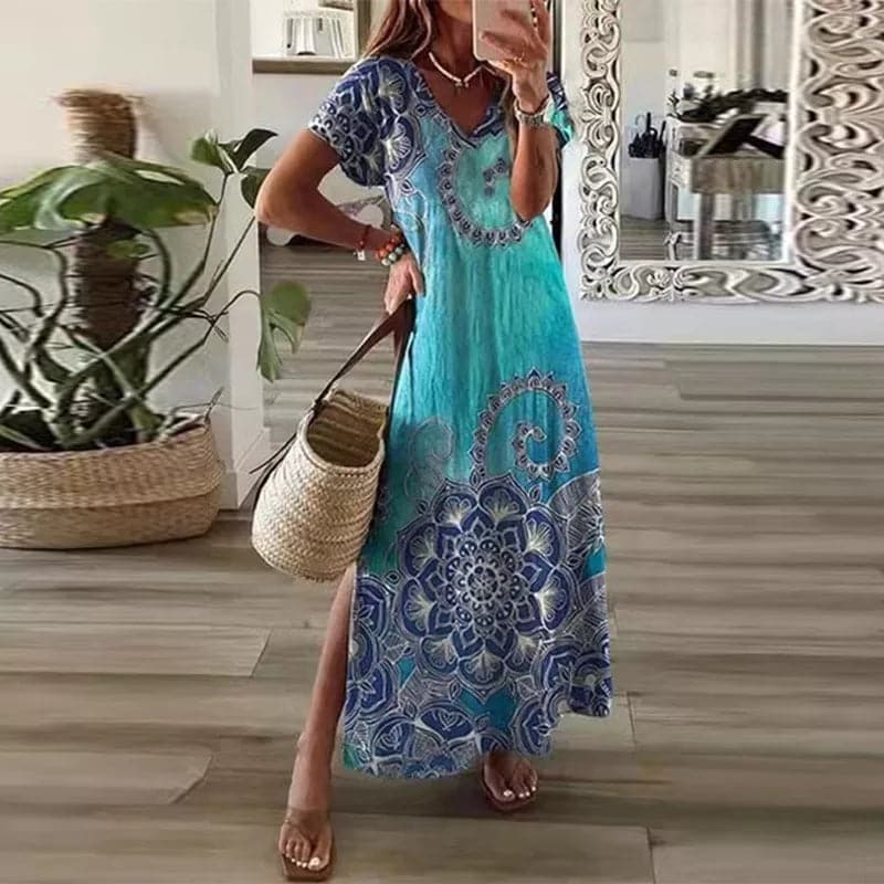Vibrant Maxi Dress with Deep V Neckline