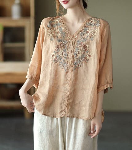 Relaxed Fit V-Neck Embroidered Women's Blouse