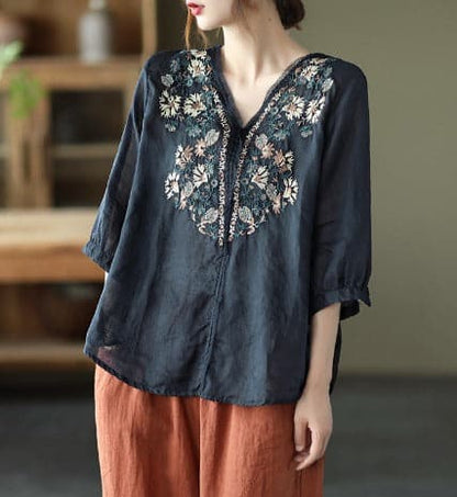 Relaxed Fit V-Neck Embroidered Women's Blouse