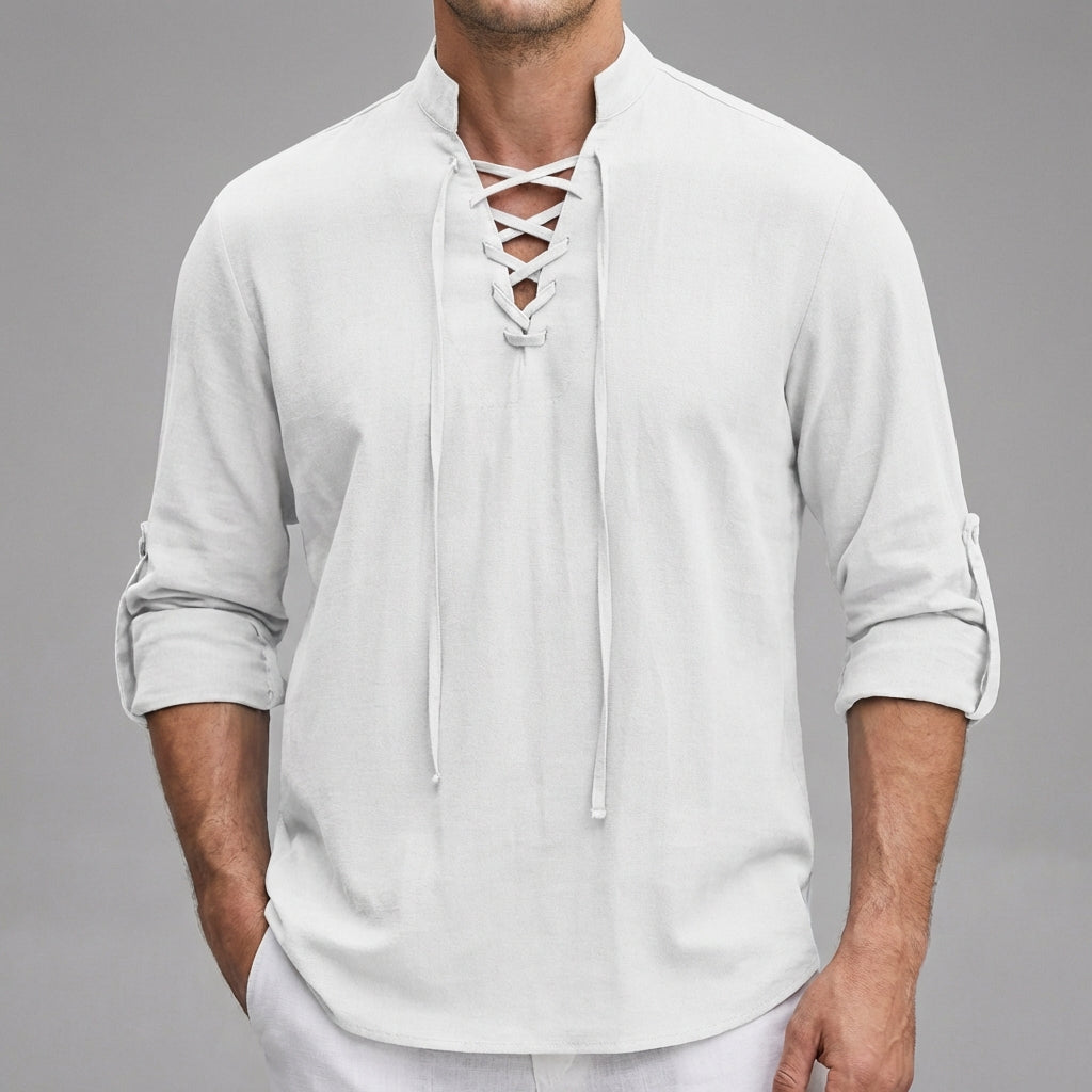 Casual Fit Button Henley with Classic Collar and Cuffed Sleeves
