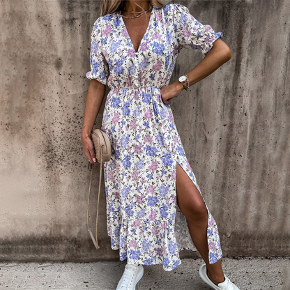 Elegant V Neck Floral Midi Dress with Short Sleeves