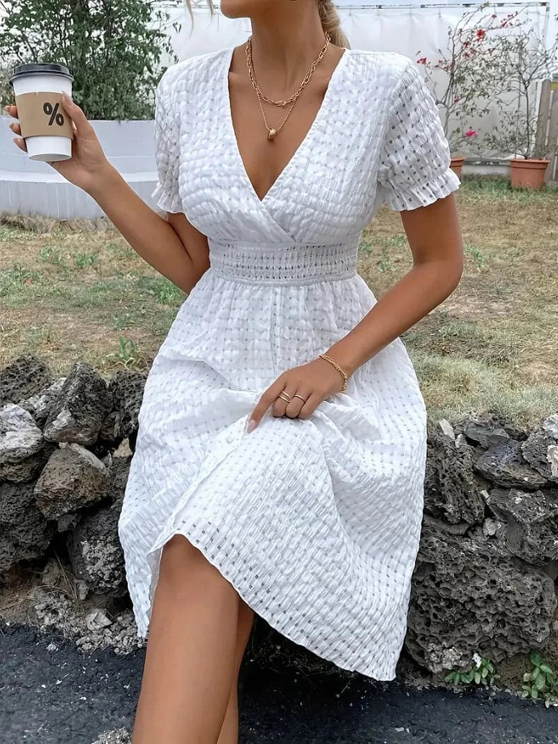 Casual V-Neck Short Sleeve A-Line Dress - Nocini