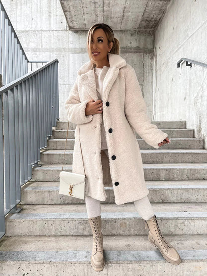 Women's Plush Fleece Coat with Hood and Button Front - Nocini