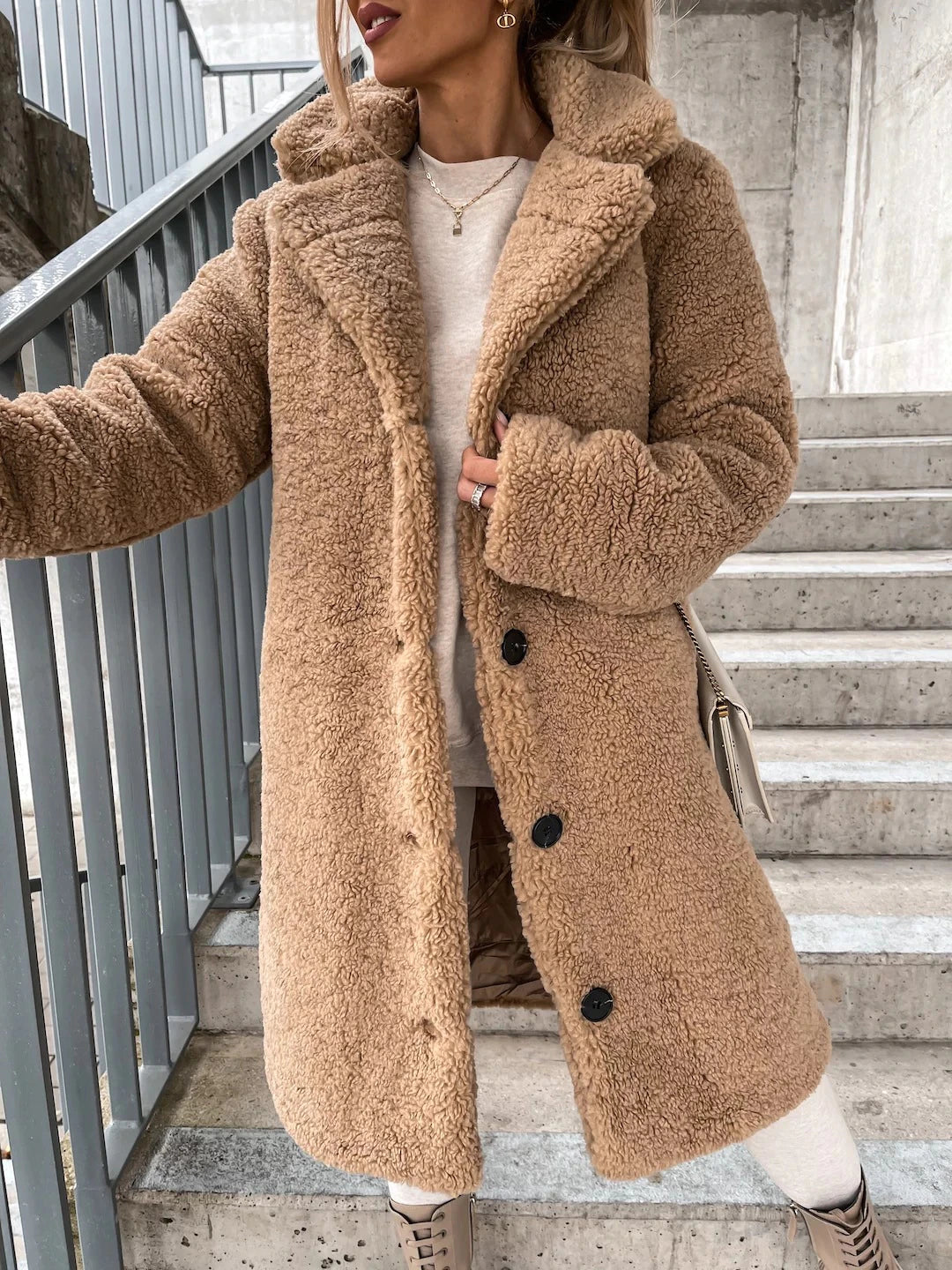 Women's Plush Fleece Coat with Hood and Button Front