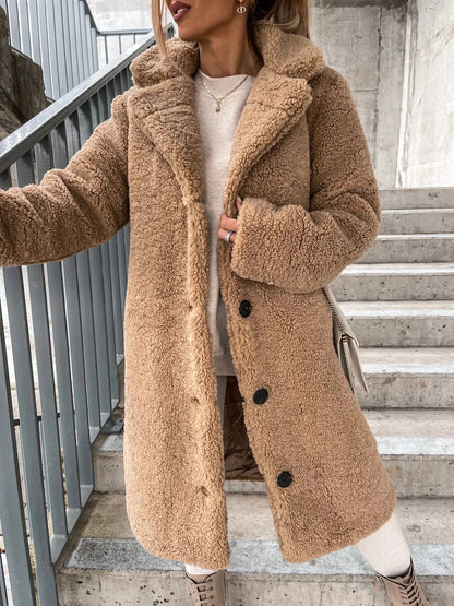 Women's Plush Fleece Coat with Hood and Button Front