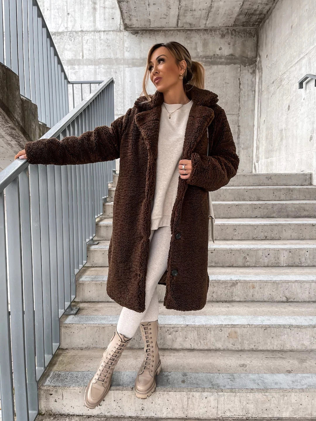 Women's Plush Fleece Coat with Hood and Button Front