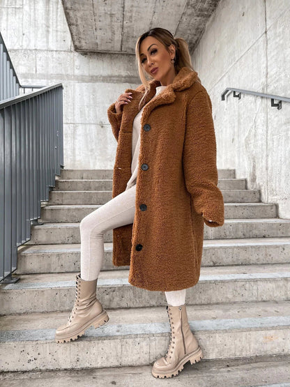 Women's Plush Fleece Coat with Hood and Button Front